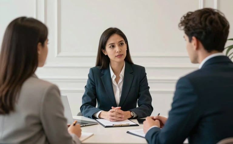 A calm, professional consultation setting in a high-end Brazilian law firm. Two clients engage in a focused, constructive conversation with their advocate. The background features clean lines, architectural detail, and a palette of off-white and charcoal teal, emphasizing trust.