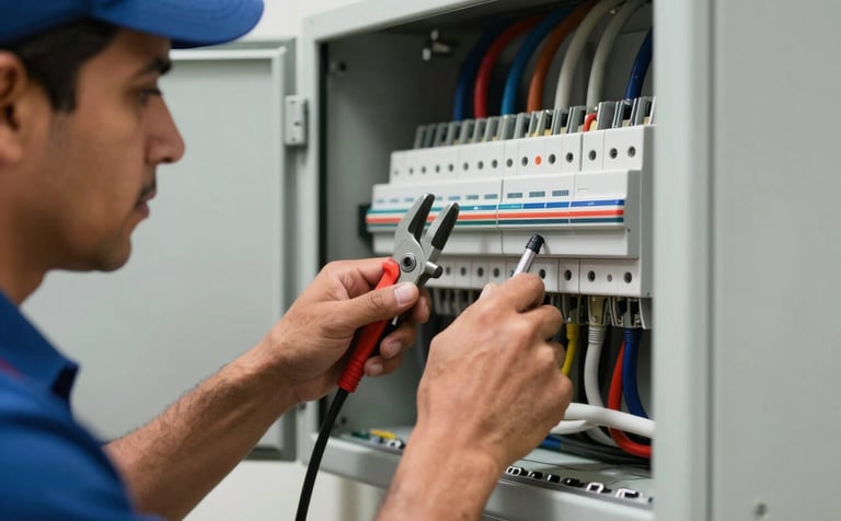 Close-up of a professional Latin American electrician's hands working on an electrical panel within a clean commercial environment. The setting is modern and orderly, using professional tools and exhibiting B2B standards.