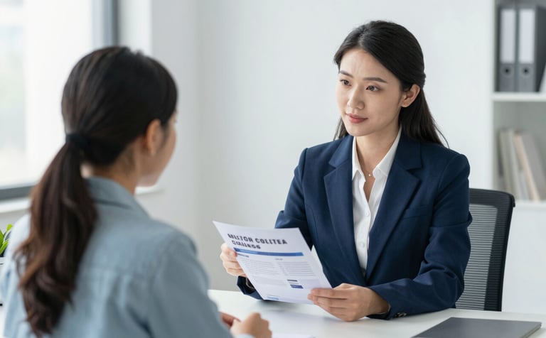 A professional and empathetic woman in business attire sits at a clean desk, showing a medical college brochure to a student. The background is a bright, modern office with soft lighting. Touches of #0A362B and #4F7F8F are visible in the decor, fostering a trustworthy and supportive atmosphere.