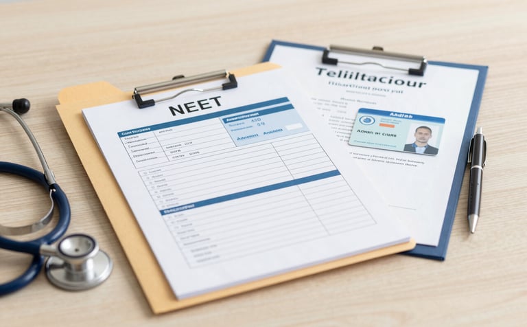 A clean, high-angle shot of a neatly organized medical admission folder containing a NEET scorecard, an Aadhar card, and several certificates. A stethoscope and a pen lie beside the papers on a light wooden surface (#F8F6F0 tone). Professional and clear composition.