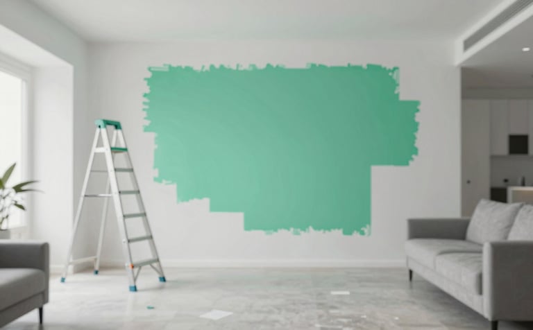 A wide angle shot of a bright, modern living room being decorated. A professional painter's ladder and drop cloths are visible. Clean lines, sleek style, with teal (#2A9D8F) and grey (#F5F8FA) tones throughout the space.