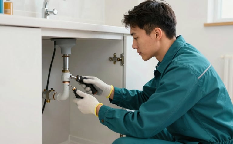 A professional handyman wearing a modern teal uniform (#2A9D8F) while performing maintenance on a residential plumbing fixture. The setting is a clean, modern home in Wrexham. The atmosphere is efficient and trustworthy, with a color palette incorporating #1A2C3D and #F5F8FA.