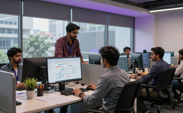 A high-tech software design studio in Bangalore, South Asia. Modern ergonomic furniture and glass partitions. A diverse group of South Asian developers are discussing product architecture near a window. Cinematic office lighting with subtle purple hues.