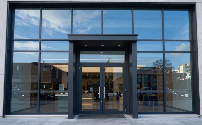 A wide shot of a modern glass and steel commercial storefront entrance, with dark charcoal aluminum frames and clean glass, reflecting a bright steel blue sky.