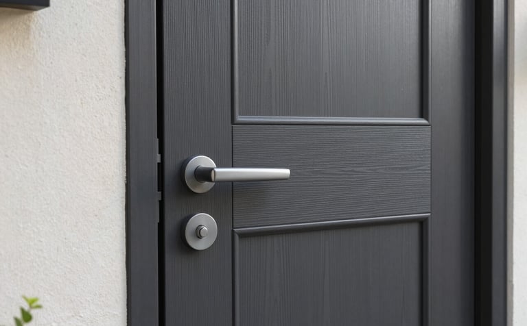 A high-end modern residential front door in dark charcoal, featuring premium wood grain texture and a sleek soft silver-grey handle, set against a clean off-white stone wall in bright, natural daylight.