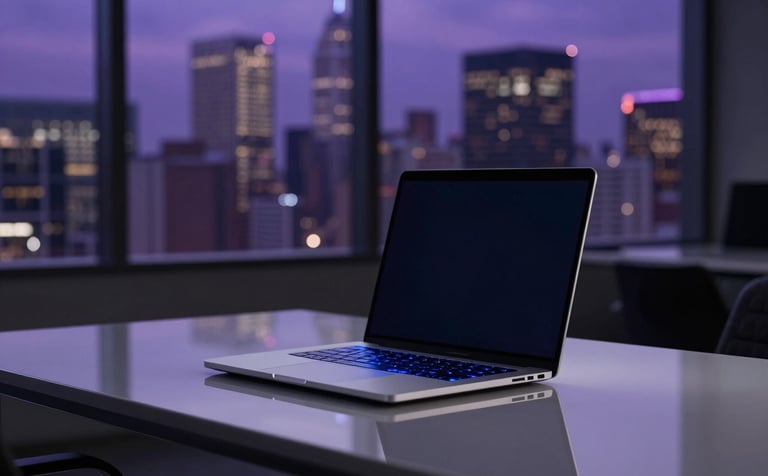 A high-end, minimalist workspace in a North American corporate setting. On the desk, a sleek laptop glows with electric blue light reflecting off a glass surface. In the background, a subtle, out-of-focus view of a modern city skyline at night with purple and deep navy tones.