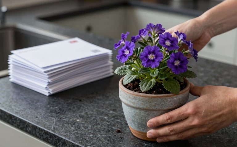 A close-up, responsible-style shot of hands watering a vibrant purple verbena plant in a ceramic pot. In the background, a neat stack of collected letters sits on a kitchen island made of Dark Slate stone. The atmosphere is serene and domestic, conveying meticulous attention to detail.