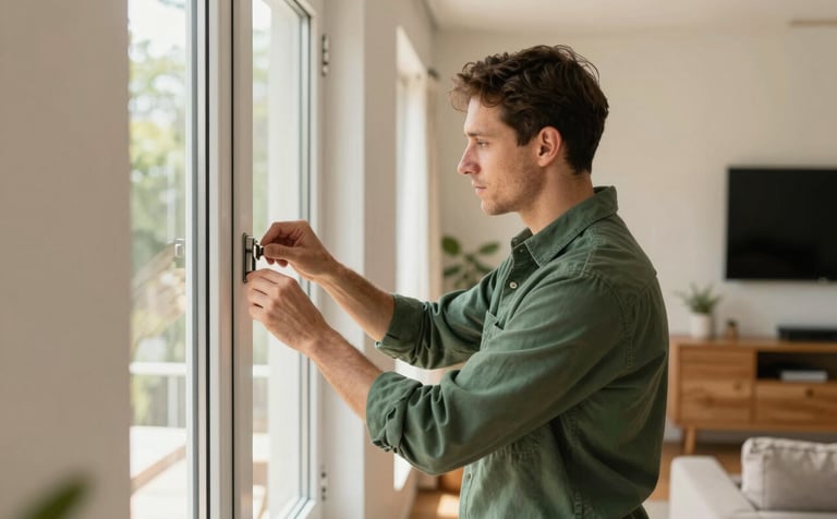 A professional house sitter in a Matte Forest Green shirt meticulously checking window locks in a bright, modern living room. The room features Crisp Parchment walls and natural wood furniture. The lighting is warm and natural, suggesting a secure and well-cared-for home during the daytime.