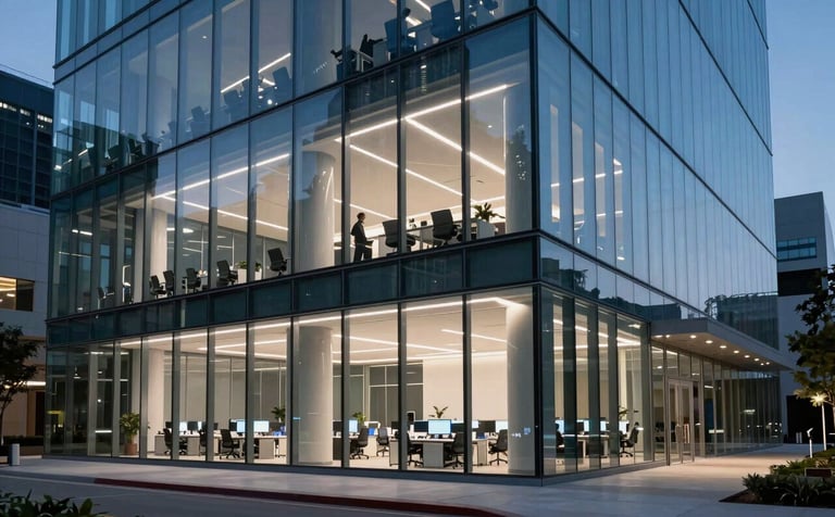 Cinematic photography of a sleek, glass-walled North American / US tech headquarters at twilight. The interior workspace is illuminated with Light Gray and Royal Blue lighting. The shot uses a shallow depth of field, highlighting the sophisticated and innovative architectural design.