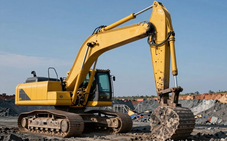 A high-detail industrial photograph of a large yellow excavator at a mining site. The focus is sharp on the hydraulic arms and a visible tracking sensor. The background shows a vast landscape under a Steel Blue sky. Sophisticated and powerful vibe.