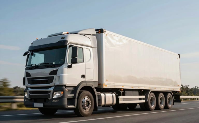 A professional photograph of a modern logistics truck driving on a highway. The lighting is bright and clear, emphasizing the reliability of transport. The truck has a clean, metallic finish reflecting the Soft Blue sky. The composition is a dynamic 3/4 view.