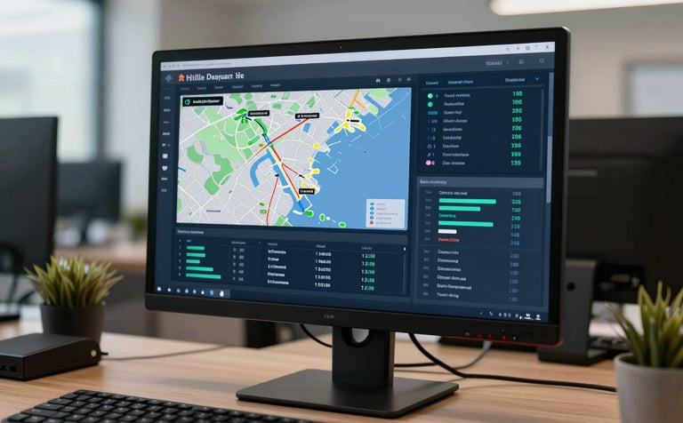 A sophisticated office interior with a focus on a high-resolution monitor displaying a tracking dashboard with maps and data points in Steel Blue and Dark Slate tones. The atmosphere is modern and secure.