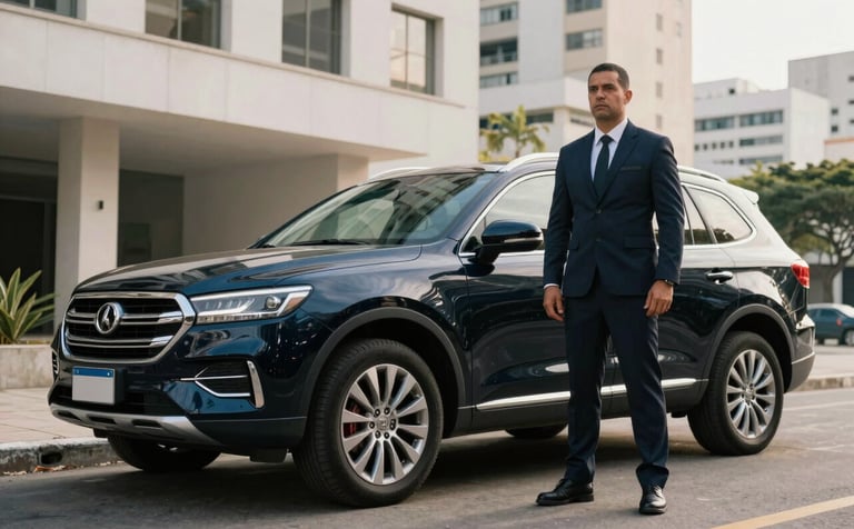 A high-end black SUV parked in a modern, upscale district of a Brazilian city. A professional security agent in a dark, well-tailored suit stands discreetly nearby. Cinematic morning lighting, authoritative and professional mood, with colors in dark blue and off-white.