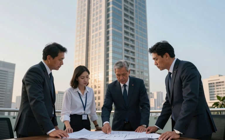 A high-end corporate office in a Brazilian skyscraper. Security consultants and an executive looking at blueprints on a table. Professional, focused, and discreet atmosphere. Soft evening light, palette in off-white and light blue.