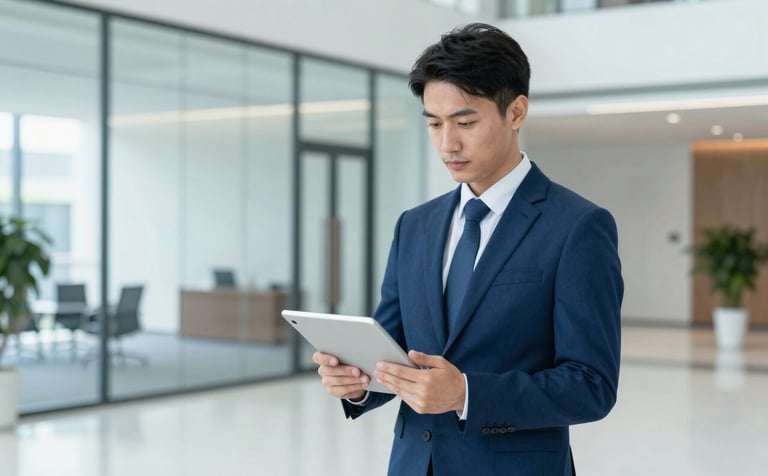 A professional executive holding a tablet while standing in a bright, minimalist glass-walled office lobby. The scene exudes efficiency and reliability, with hints of corporate blue (#3E5C76) in the decor and attire.