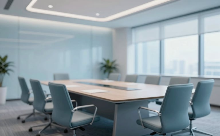 A wide shot of a premium, sophisticated boardroom with a large polished table and ergonomic chairs. Modern architecture with clean lines and soft lighting, incorporating the light blue (#9FB8CC) brand tone.