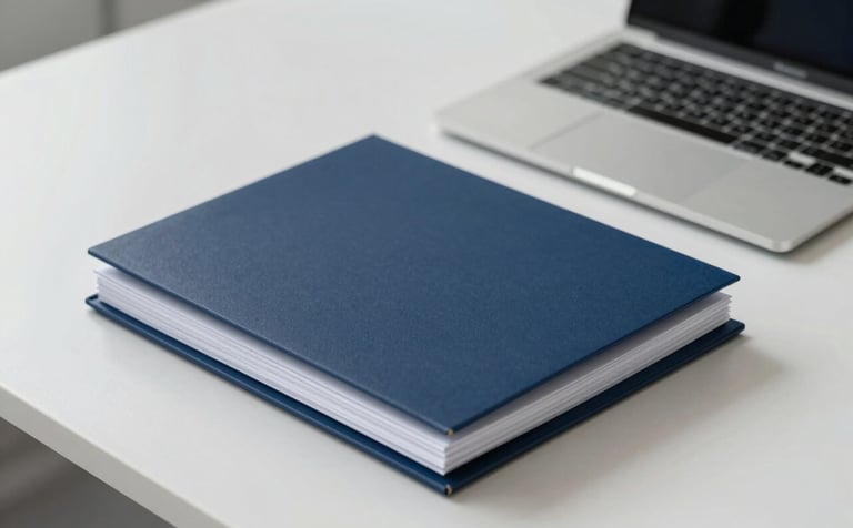 A close-up, high-angle shot of a clean, modern desk with a laptop and neatly stacked folders. The lighting is bright and professional. The color palette incorporates deep blues (#1F2A38) and soft grays, reflecting a high-end corporate archive environment.