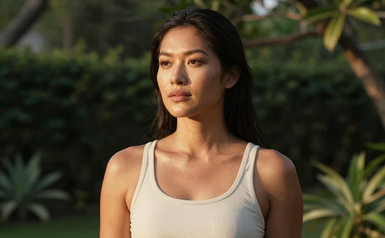 A portrait of a serene North American individual standing in a garden with radiant, glowing skin, looking empowered and healthy, warm sunset lighting, soft tones of forest green and cream.