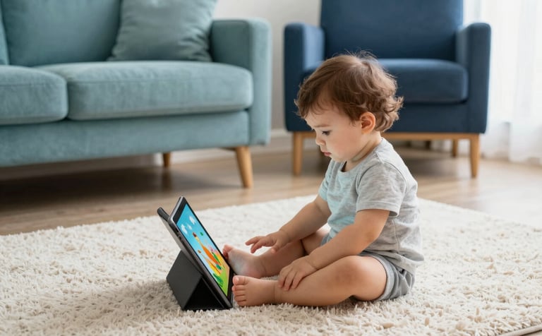 A toddler in a cozy North American / US living room sits on a soft off-white rug, watching a tablet with a bright, colorful animation. The room is modern and clean with soft teal and muted blue cushions on a dark navy chair in the background. High-key natural morning light.