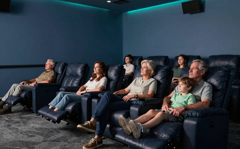 A spacious North American / US home cinema room with several comfortable dark navy reclining chairs. Multi-generational family members are gathered. The walls are muted blue, and the lighting is dim with soft teal LED accents.