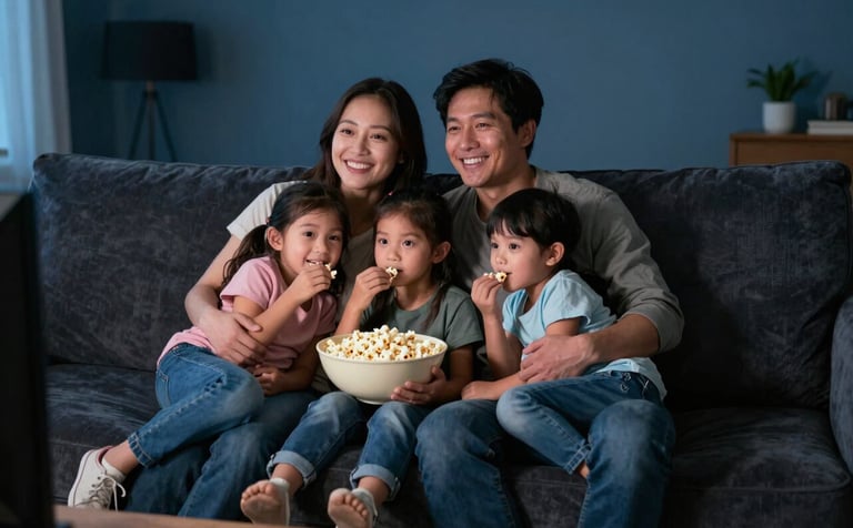A happy North American / US family of four huddled together on a large dark navy sectional sofa, their faces illuminated by the warm glow of a television screen. They are eating popcorn from a soft off-white bowl. The living room has muted blue walls.