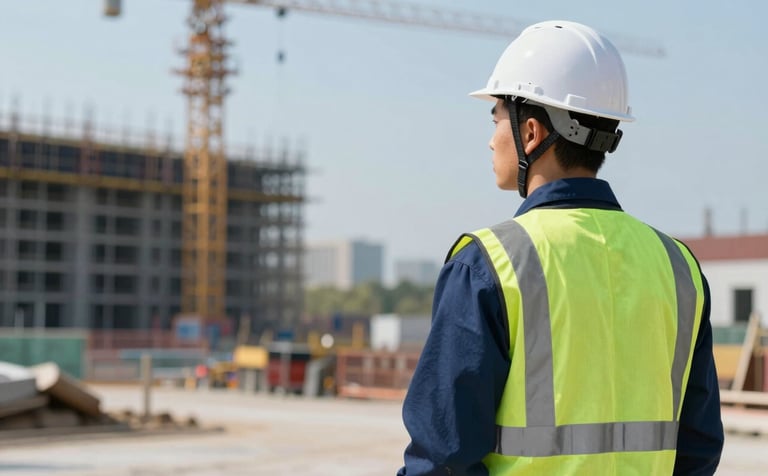 A professional safety officer in a high-visibility vest and a white hard hat standing on a construction site, looking towards the horizon. The lighting is bright and clean. The color palette incorporates deep teal and navy blues to reflect the brand's reliability and expertise.