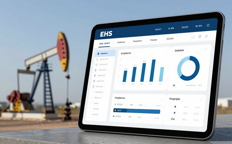 A digital tablet displaying a clean, professional EHS compliance dashboard with real-time analytics. In the background, a modern oil and gas facility is visible under a crisp sky, using the #0F252C and #2E6E66 color scheme.