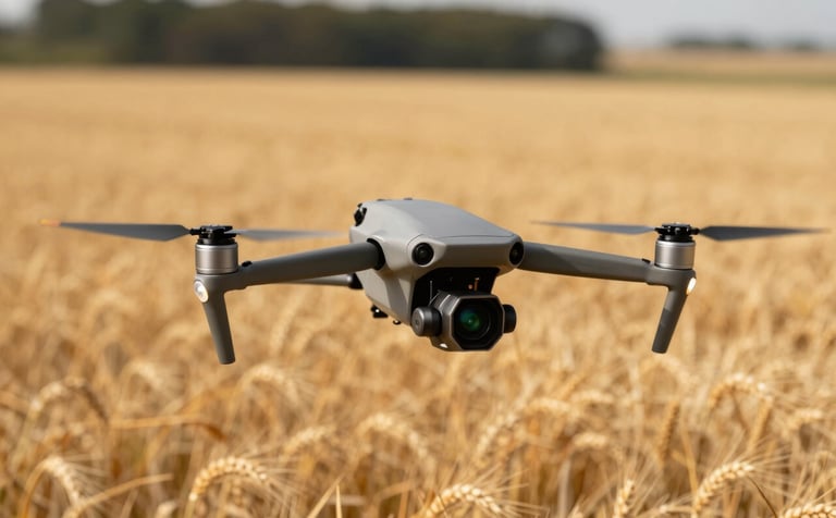 A DJI Mavic 3M drone capturing multispectral data above a vast golden grain field. The lighting is bright and clear, highlighting the contrast between the dark forest green sensors of the drone and the warm field below. The composition is professional and technical.