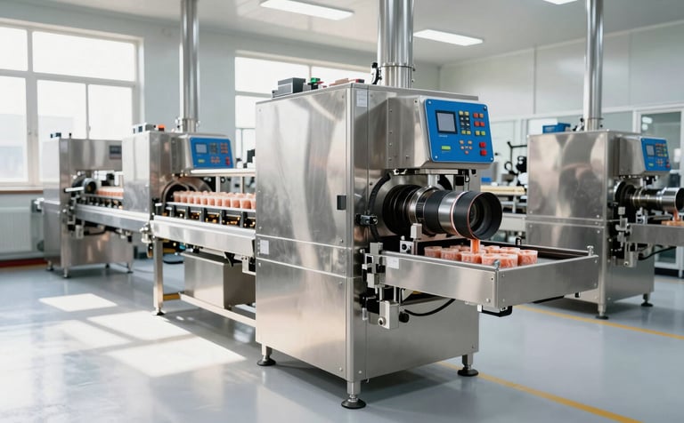 A professional wide-angle photograph of a state-of-the-art industrial food packaging line in a clean, modern factory setting. The machinery is made of polished stainless steel with steel blue accents on the control panels. Bright, natural light from high windows illuminates the pearl white floors, creating a sophisticated and efficient atmosphere.