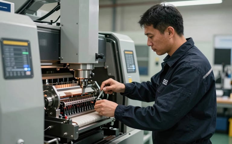 A technician from Aziz Equipment LLC in a dark navy uniform expertly servicing a complex piece of packaging machinery. The setting is a professional industrial workshop. The lighting is authoritative and sharp, highlighting the technician's focus and the high-quality steel components of the machine.
