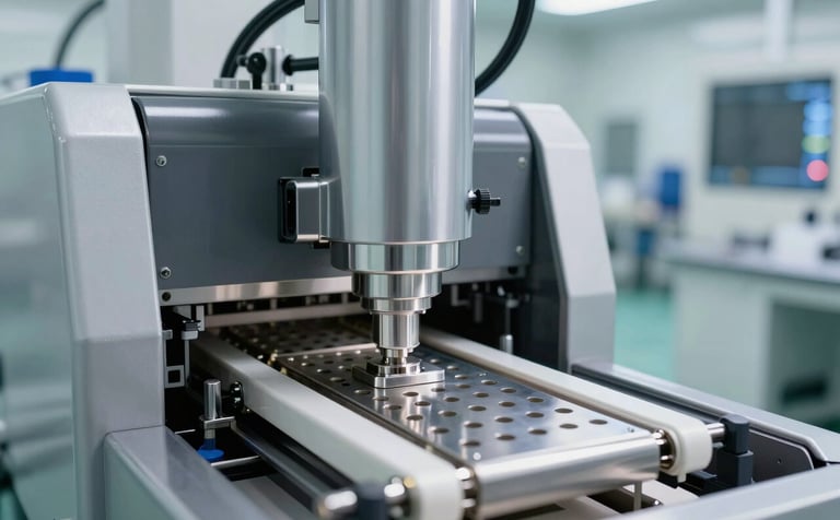 A close-up photograph of a precision pharmaceutical blister packing machine. The machinery is sleek and sophisticated, reflecting a soft silver sheen under clean laboratory lighting. The background shows a sterile, modern production facility in Dubai, exuding reliability and high-tech innovation.