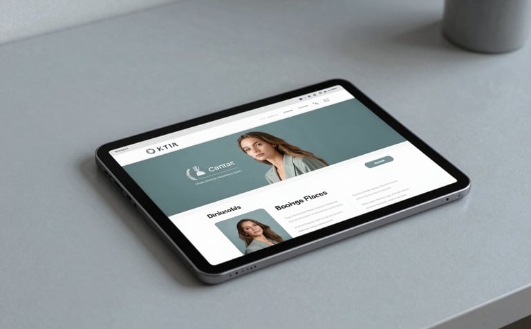 A clean, modern workspace with a tablet displaying a minimalist profile page, muted teal and soft blue-grey accents in the background, elegant and professional.