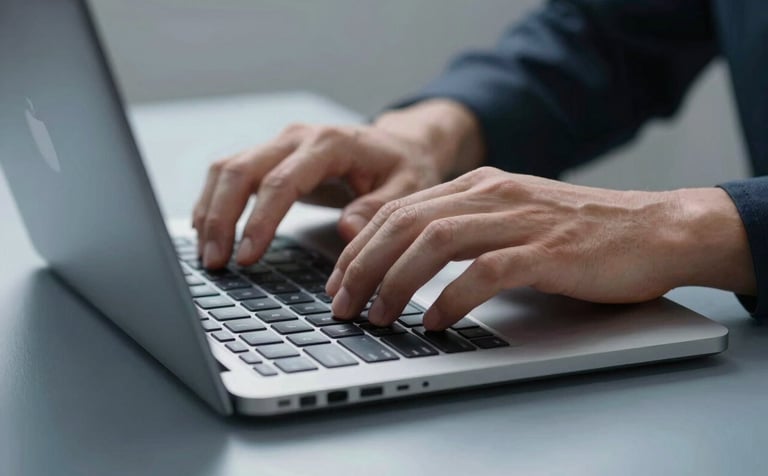 Close-up of a person's hands typing on a modern, slim laptop on a desk with a soft blue-grey surface, focused composition, clean professional atmosphere.