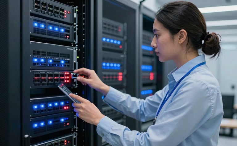 A professional in a modern European / French business setting monitoring a server rack. The scene shows glowing blue and red indicator lights on network equipment, symbolizing security and maintenance. The atmosphere is professional, clean, and highly technological.