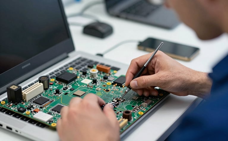 Close-up photography of a professional technician's hands using specialized tools to repair a motherboard inside a laptop. The setting is a clean, organized tech laboratory in a European / French city. The lighting uses soft white and deep blue tones to emphasize technical expertise and meticulous care.