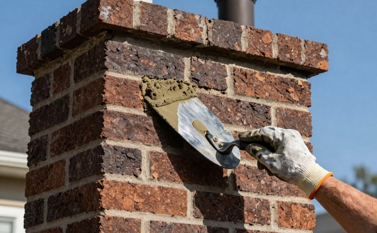 A close-up photograph of a professional masonry repair being done on a chimney stack of a North American / US suburban house. A worker's hand in a protective glove is using a trowel with sand colored mortar. Deep espresso brown brickwork. Clear blue sky in the background, high-quality professional photography.