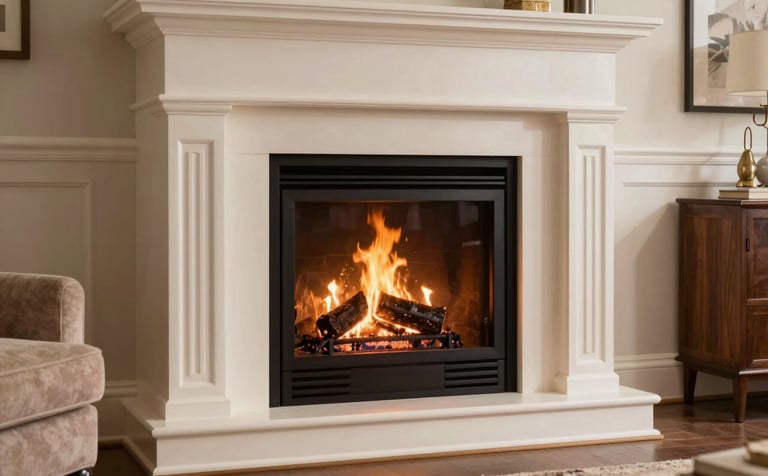 An inviting, cozy North American / US living room featuring a newly installed fireplace insert. A gentle fire glows with warmth, reflecting off deep espresso and soft cream surfaces. The room feels clean and expertly designed. Professional architectural photography with a focus on warmth and expertise.