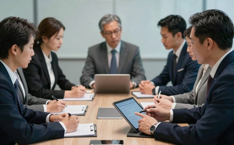 A sophisticated corporate boardroom meeting involving diverse professionals. The scene is shot with a shallow depth of field, highlighting a collaborative discussion over a tablet. The atmosphere is strategic and results-oriented, with soft steel blue and dark navy tones.