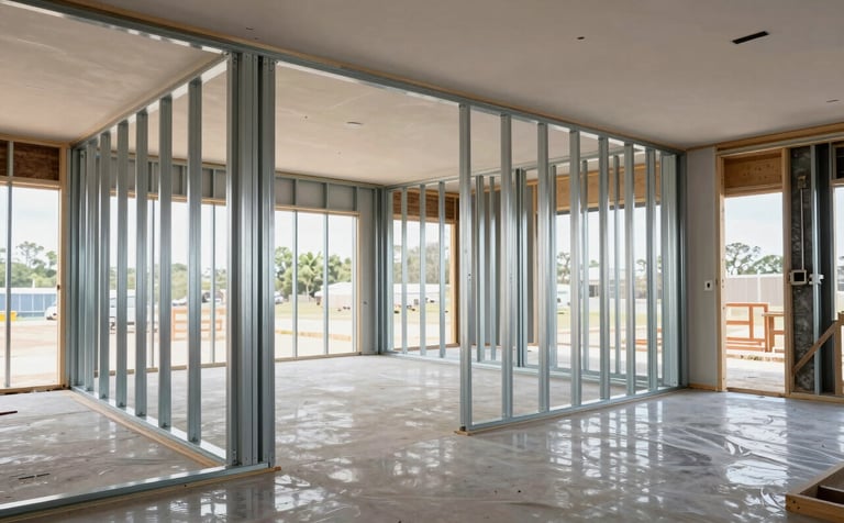 A clean and professional North American interior construction site showing perfectly aligned steel framing studs and smooth drywall installation. The lighting is bright and industrial, emphasizing the precision and high-quality workmanship of Ucar Projects. No debris on the floor, reflecting a professional workspace.