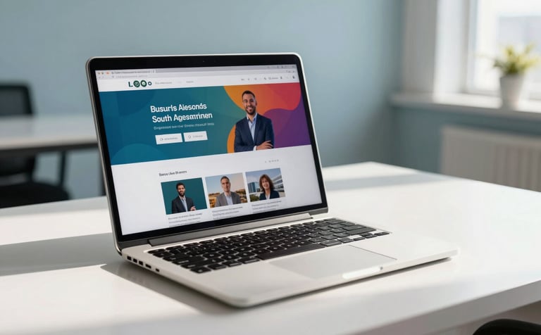 A high-end laptop screen displaying a colorful business profile page, sitting on a clean white desk in a sunlit South American / Brazilian office. Background features soft pale blue walls and a professional atmosphere.