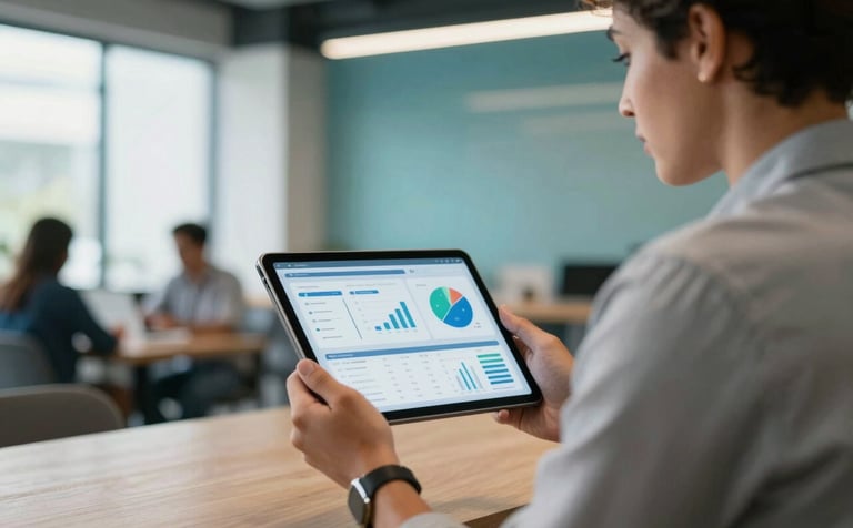 A professional person in business casual attire working in a modern South American / Brazilian coworking space, holding a tablet showing a data management dashboard. The lighting is bright with sky blue and muted teal accents.