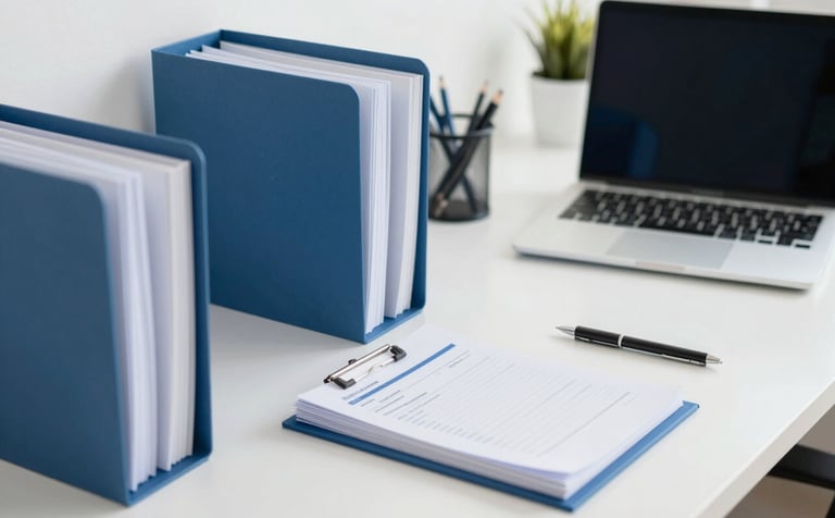 A professional and clean office workspace with organized document folders in shades of blue and white, a sleek modern laptop, and high-quality stationery. The lighting is bright and airy, emphasizing reliability and administrative order. Brand colors #1E3A5F and #F0F4F8 are subtly incorporated into the office decor.