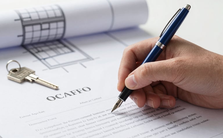 Close-up of a hand signing a real estate contract with a professional fountain pen. In the background, a blurred modern architectural blueprint and a small metallic house key are visible. The atmosphere is sophisticated and secure, utilizing a color palette of #0A192F and #8CA0B8.