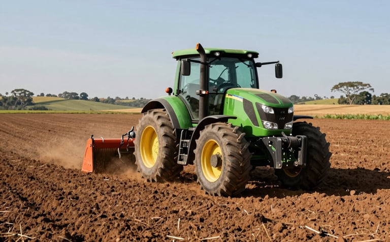 A powerful modern green tractor clearing and leveling a large agricultural field in the Brazilian countryside. Bright daylight, wide-angle shot, professional photography, showing fertile earth and distant hills.