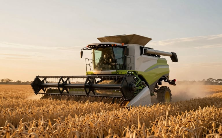 A high-capacity combine harvester working in a golden soy field at sunset in South America. Cinematic lighting, dust particles in the air, modern agricultural technology scene.