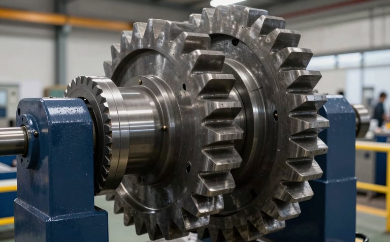 Macro photography of massive industrial steel gears in motion, highlighting the precision-engineered surfaces. The scene uses a deep navy and steel gray palette, set in a modern Hispanic / Industrial facility with clean, focused lighting that emphasizes the absence of wear.