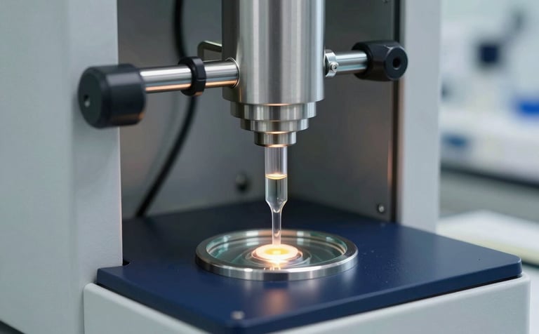 A close-up photograph of a professional laboratory setting in a Hispanic / Industrial context, featuring a high-precision viscosity testing apparatus with steel and glass components. The lighting is crisp and cool, with accents of navy and steel gray, showing a clear technical fluid under thermal stress.