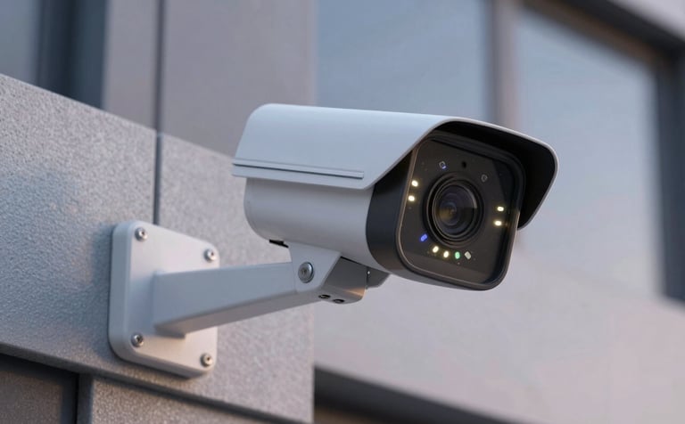 A close-up of a sleek, modern security camera mounted on a contemporary building facade in the Iberian Peninsula, dusk lighting with soft glowing status LEDs, professional and reliable security equipment.