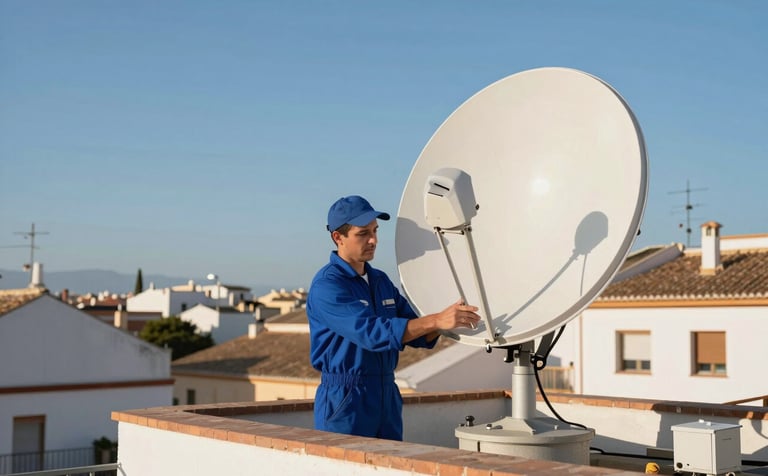 A professional technician in a blue uniform installing a modern parabolic satellite dish on a sunny rooftop in a Spanish neighborhood, with clear blue skies and clean Mediterranean architecture, morning light, crisp photography.