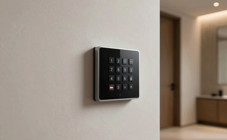 Interior of a modern Spanish villa hallway showing a minimalist alarm control keypad on the wall, soft ambient lighting, clean lines, and a professional security sensor installed discretely, high-end residential style.